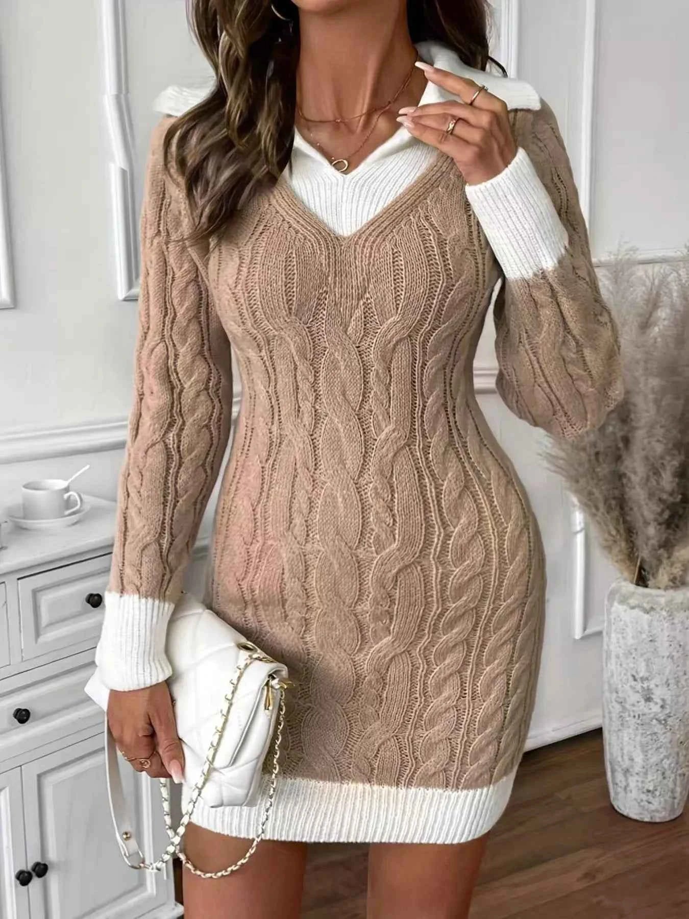 Cable Knit Contrast Trim Sweater Dress