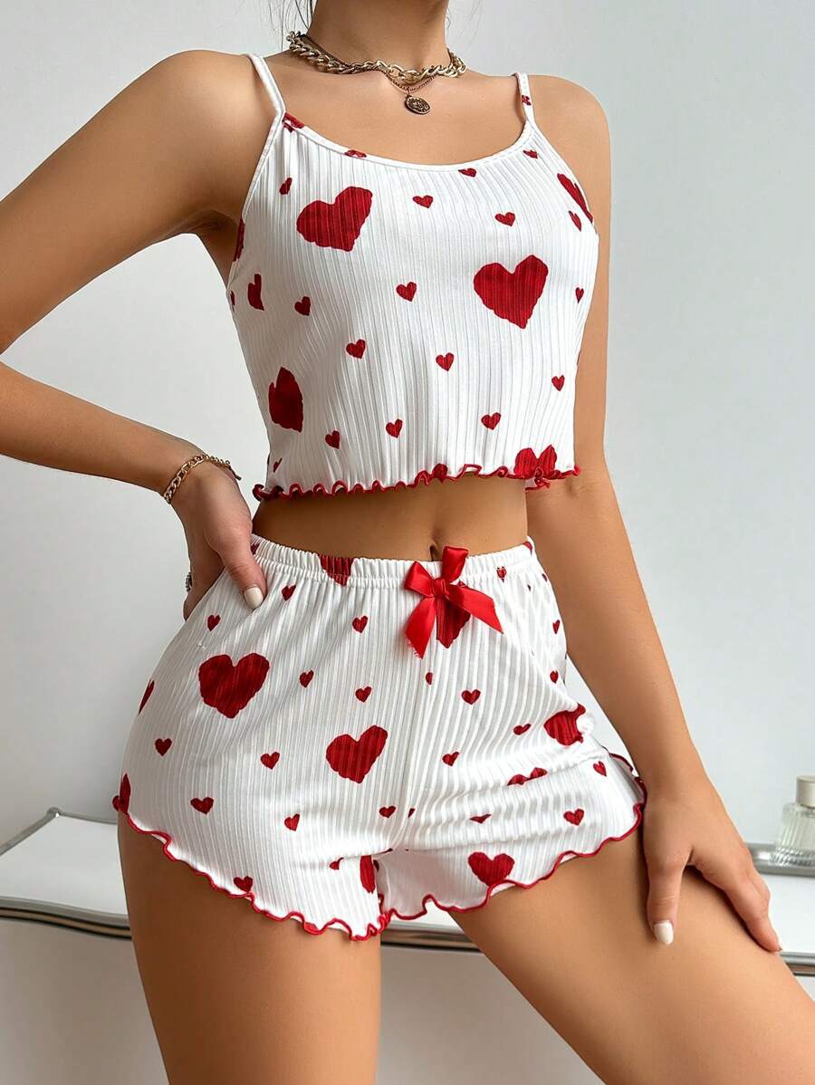 Heart Print Suspender Shorts Pajama Set – Ribbed Lounge & Sleepwear