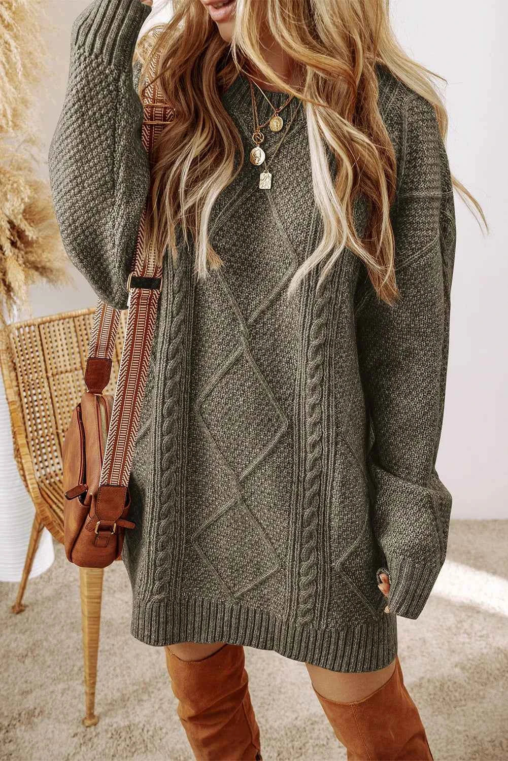 Cable-Knit Sweater Dress with Round Neck
