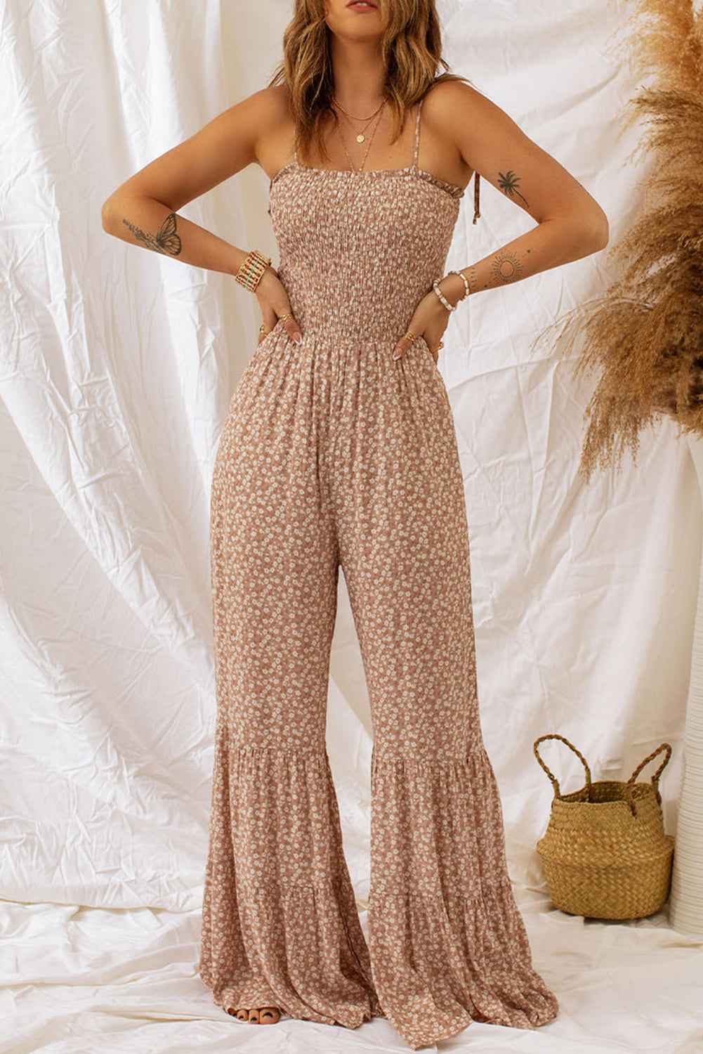 Floral Spaghetti Strap Jumpsuit with Smocked Design and Wide Legs