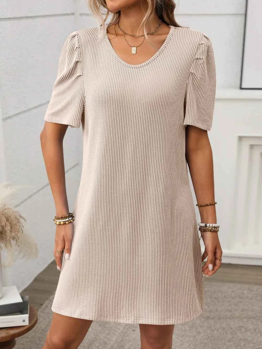 Textured Mini Dress - Round Neck Short Sleeve Design