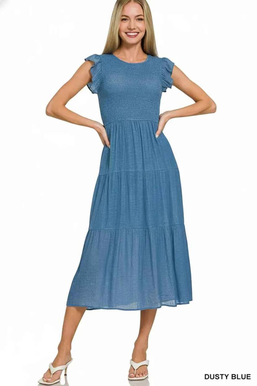 Zenana Woven Smocked Ruffle Sleeve Midi Dress