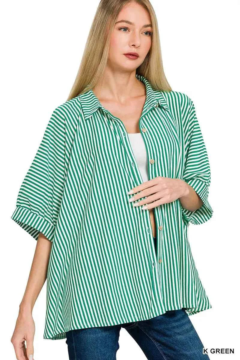 Zenana Oversized Stripe Button Down Shirt