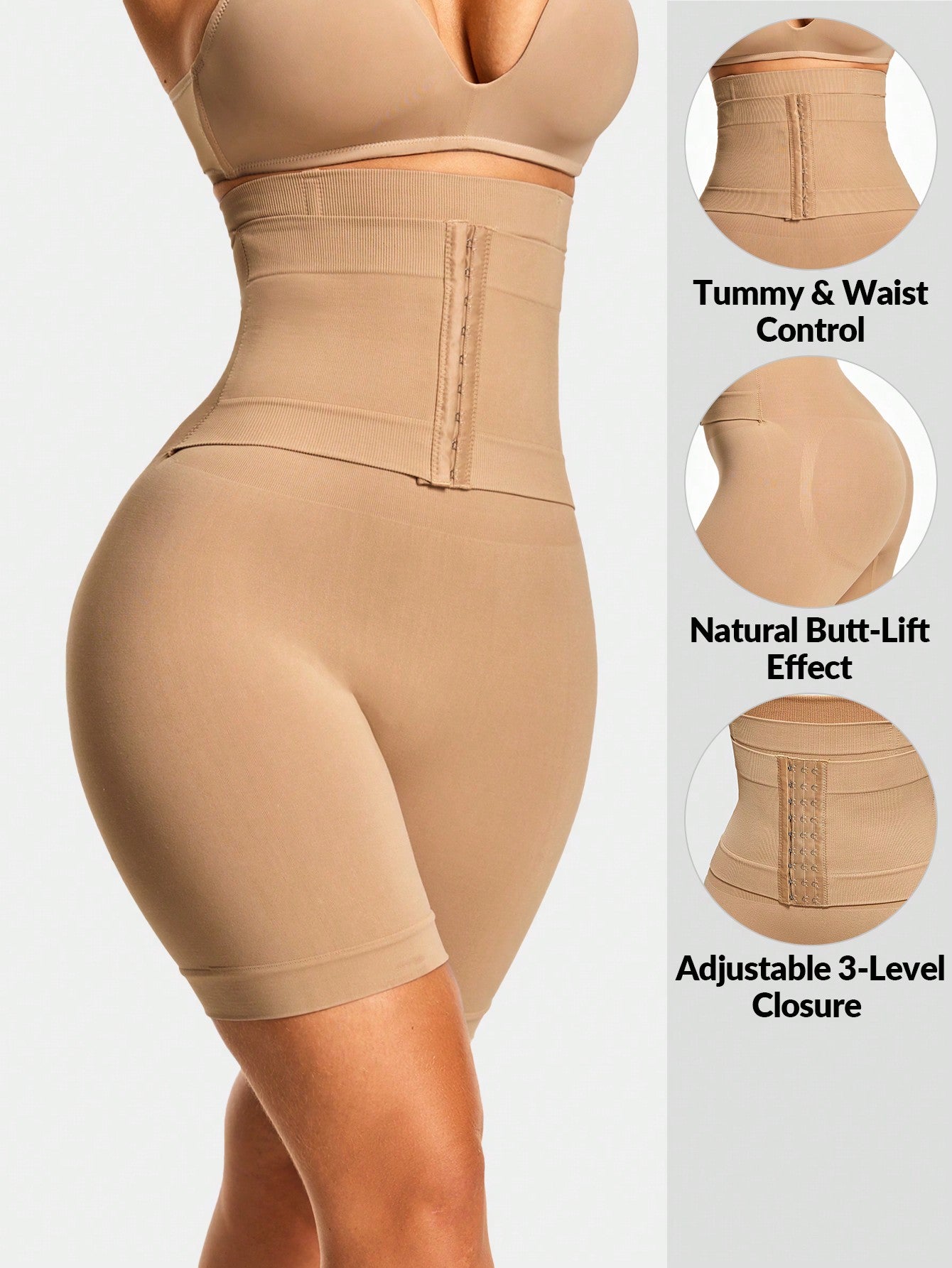 Adjustable 3-Level Closure Shapewear Shorts - Tummy & Waist Control With Natural Butt-Lift