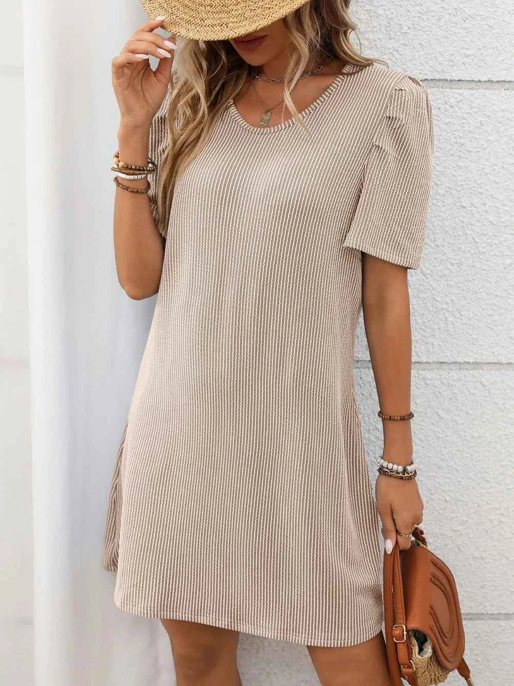 Textured Mini Dress - Round Neck Short Sleeve Design