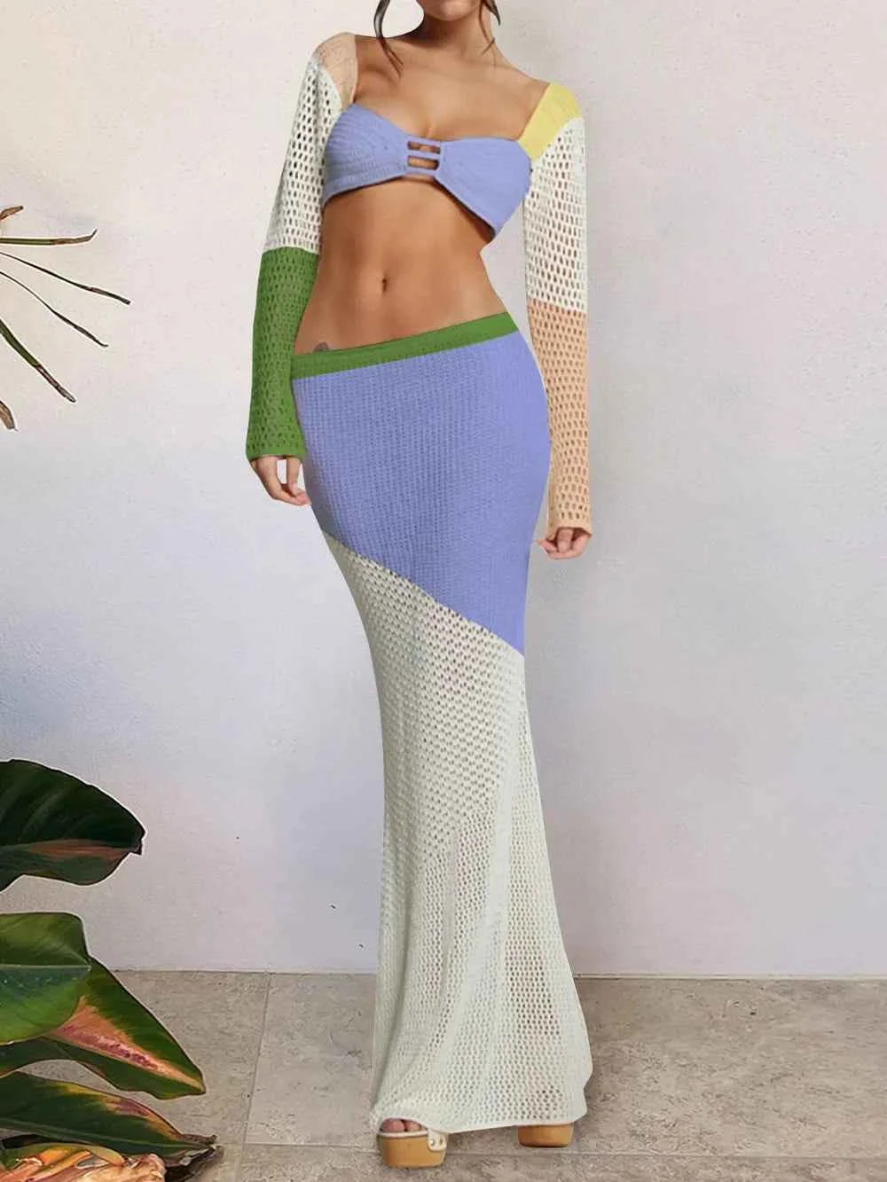 Tied Long Sleeve Cover Up Set with Skirt