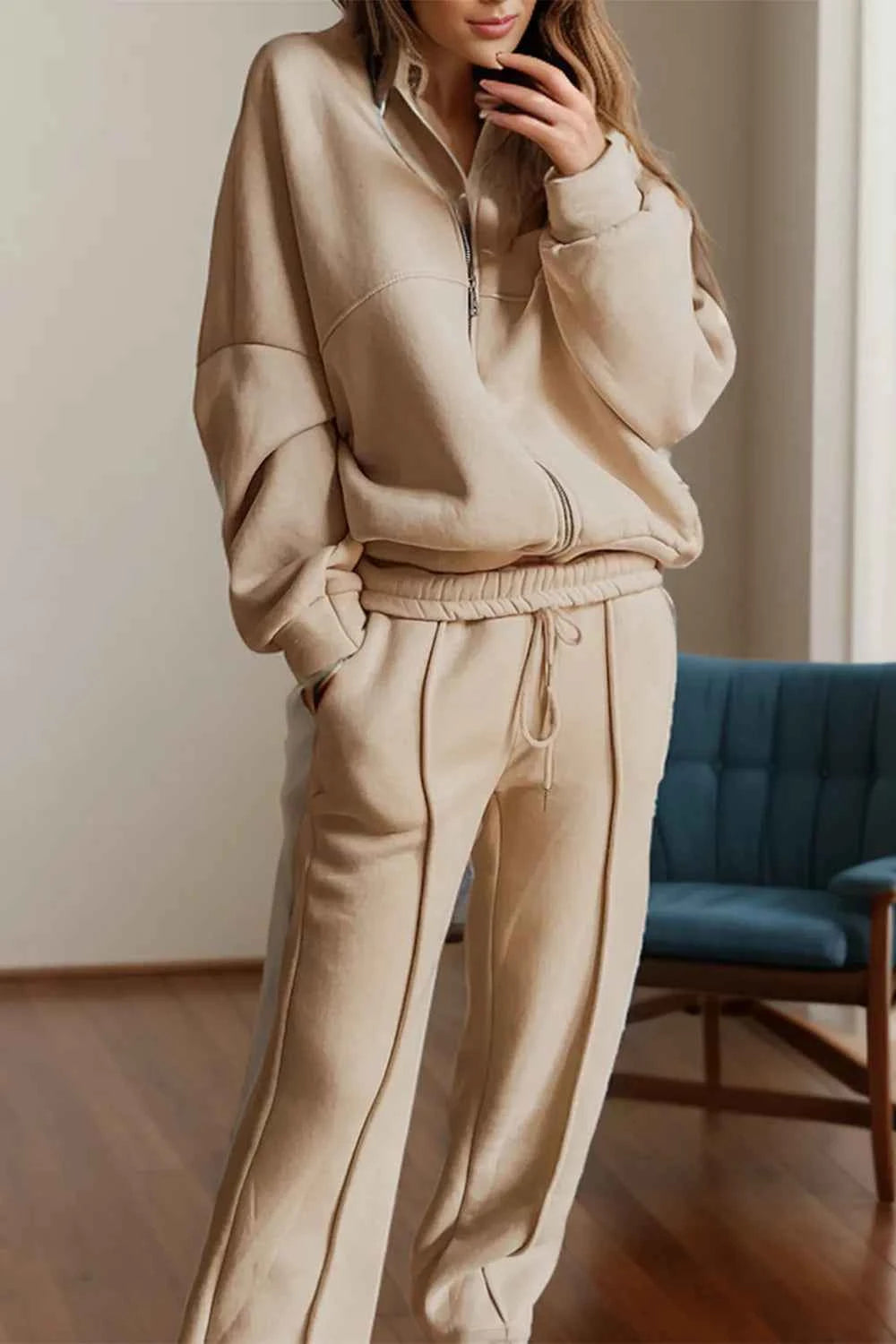 Zip Up Loungewear Set: Long Sleeve Top and Pants Combo