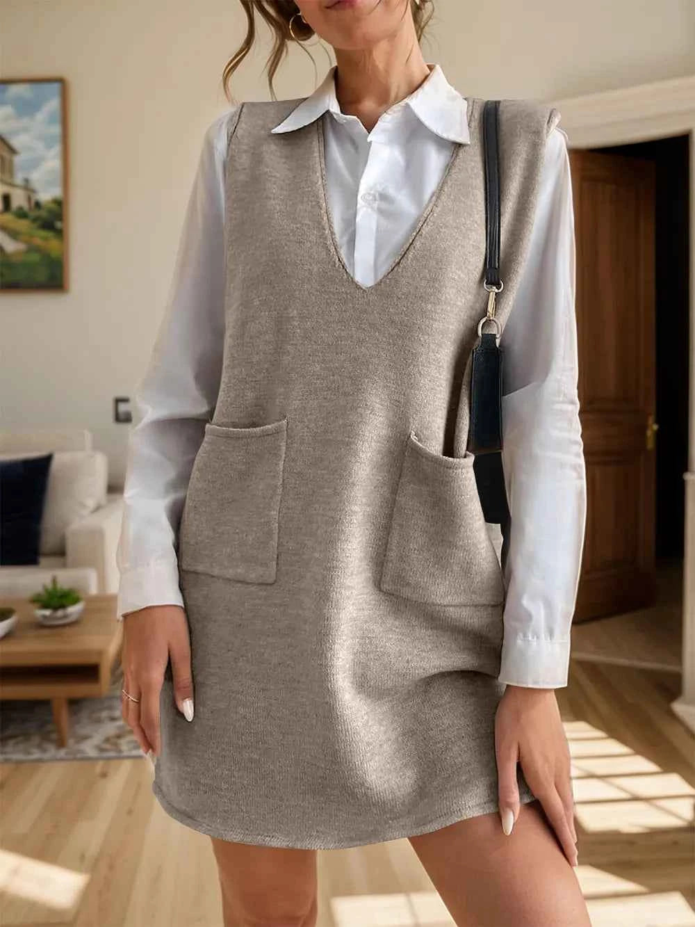 V-Neck Sleeveless Sweater Dress with Pockets for Effortless Style