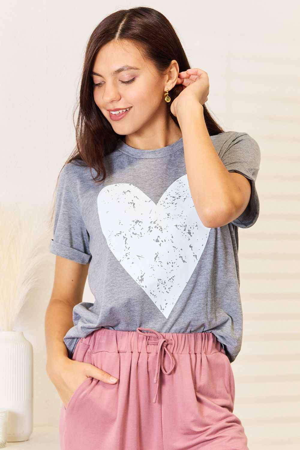 Simply Love Heart T-Shirt - Cuffed Short Sleeve Graphic Tee