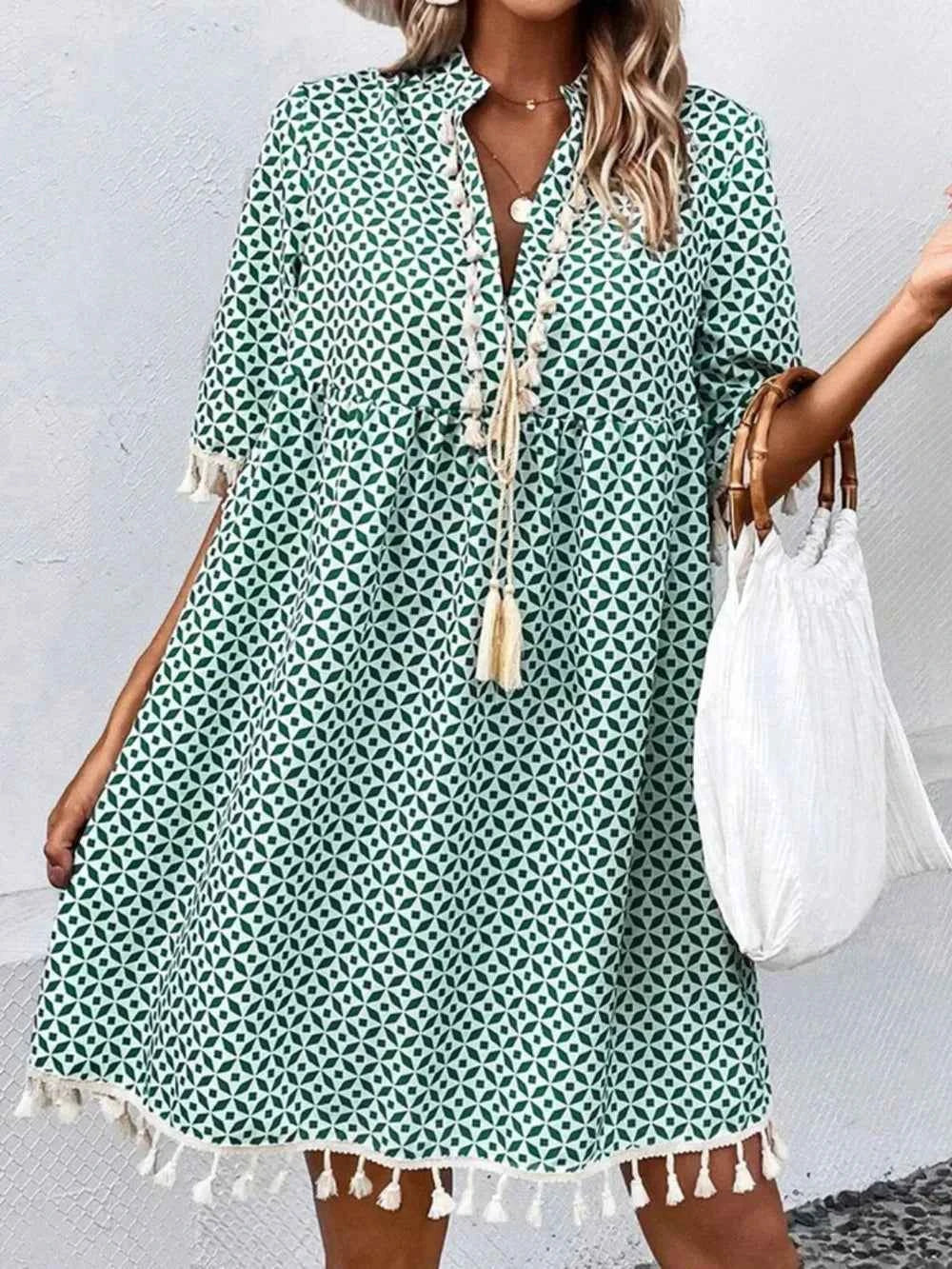 Tassel Printed Mini Dress with Notched Half Sleeves