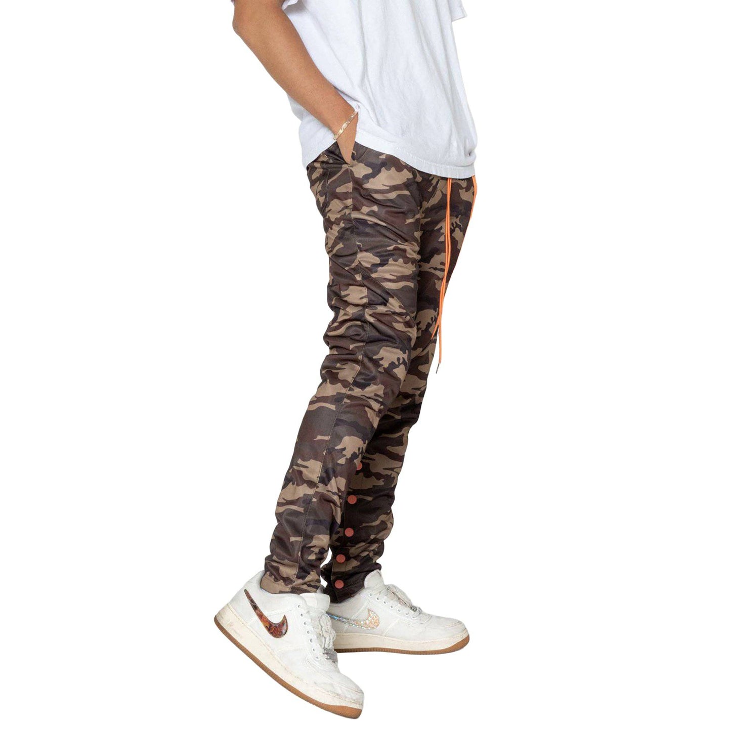 Robin K Men’s Snap Track Pants in Orange Camo