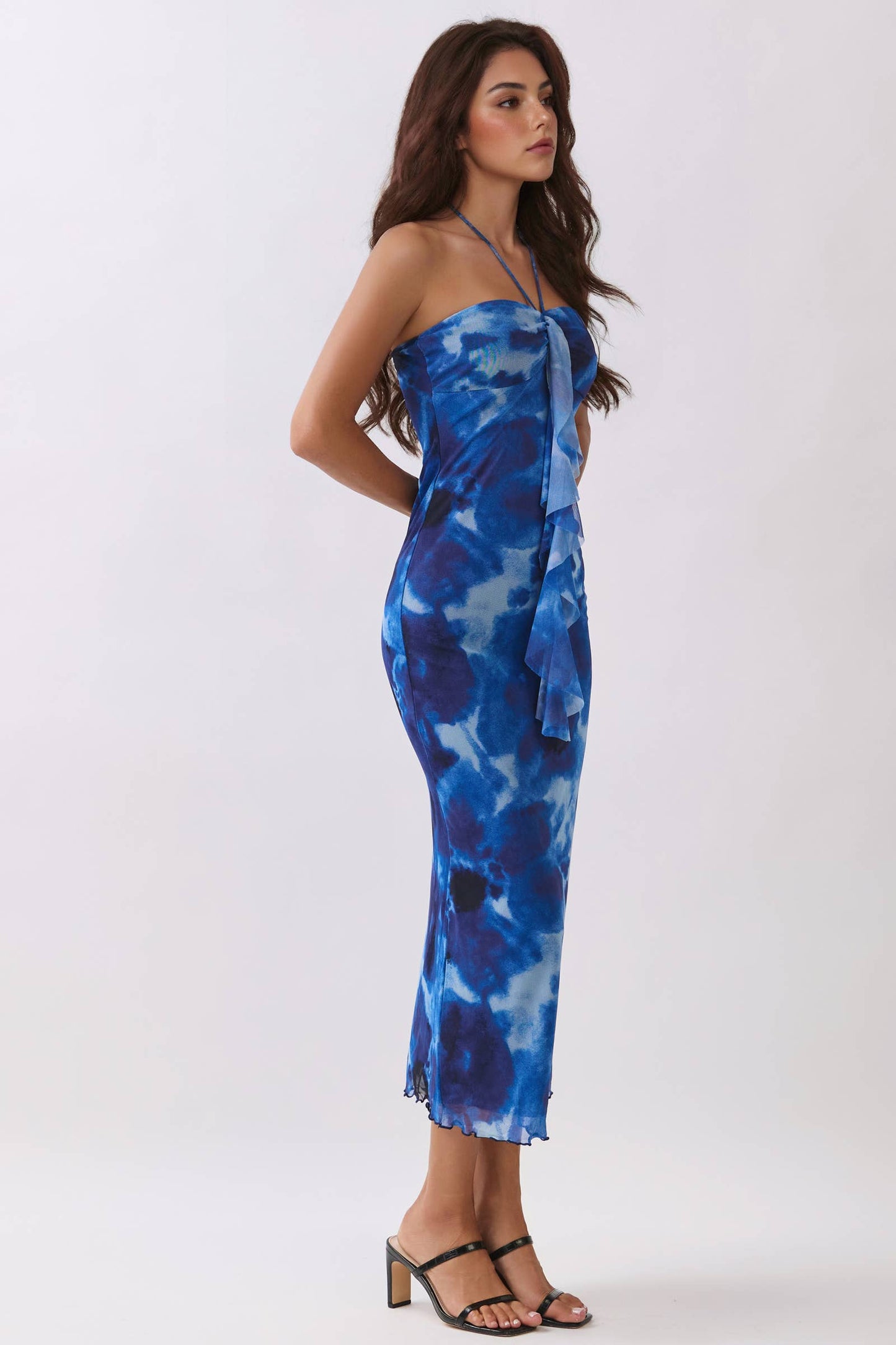 Heart & Hips 💙 Navy Watercolor Halter Tie Mermaid Maxi Dress