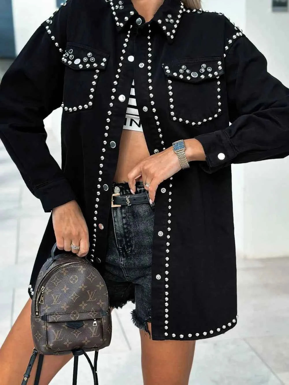 Studded Denim Shacket - Snap Down Long Sleeve Style