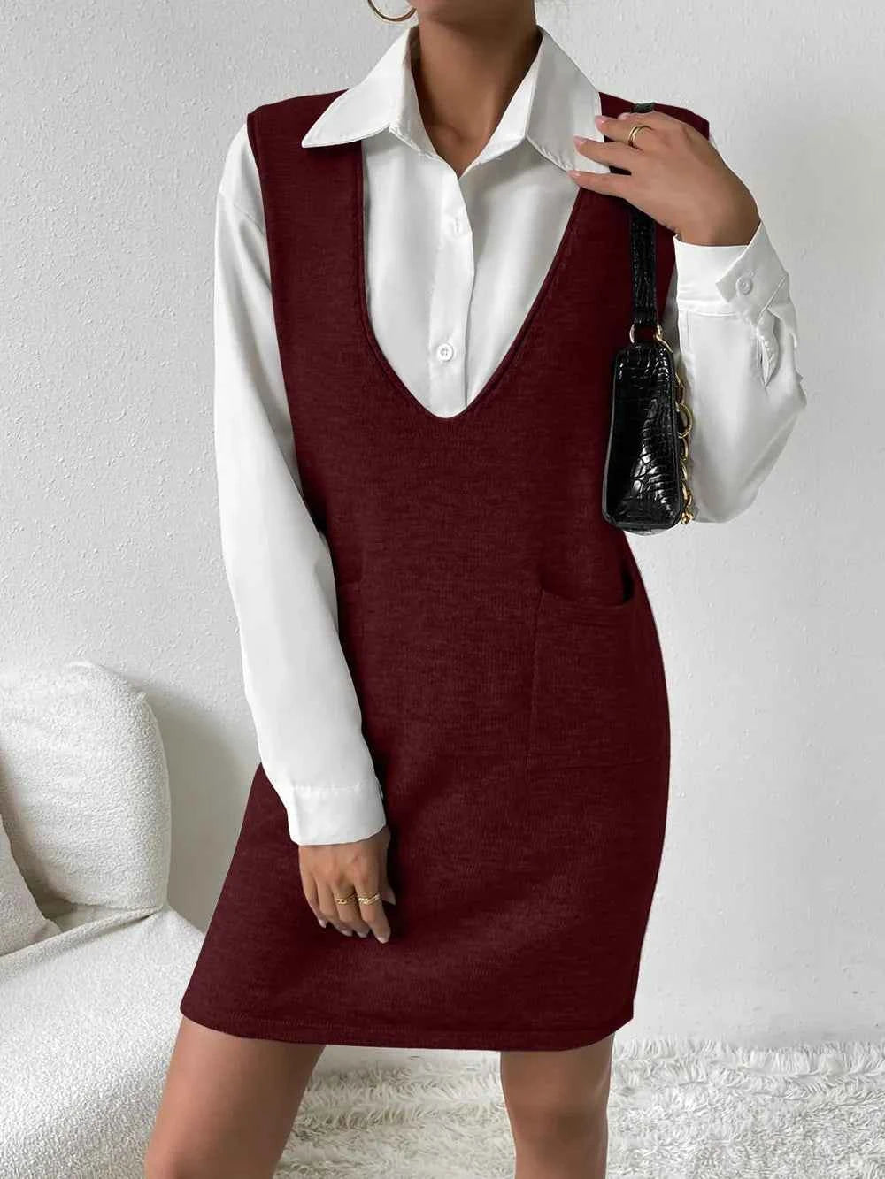 V-Neck Sleeveless Sweater Dress with Pockets for Effortless Style