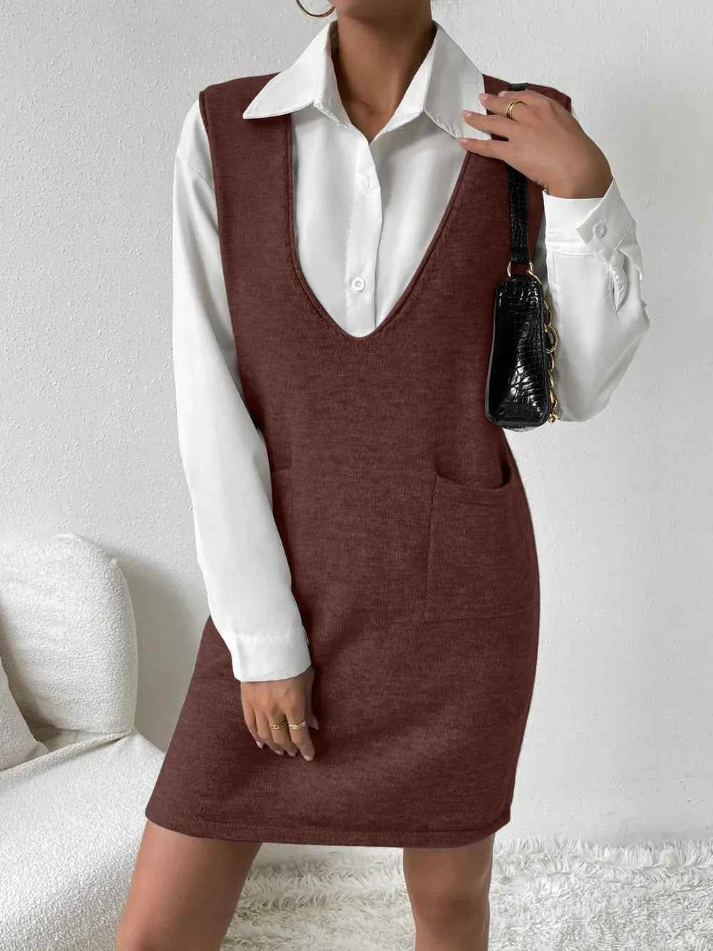 V-Neck Sleeveless Sweater Dress with Pockets for Effortless Style