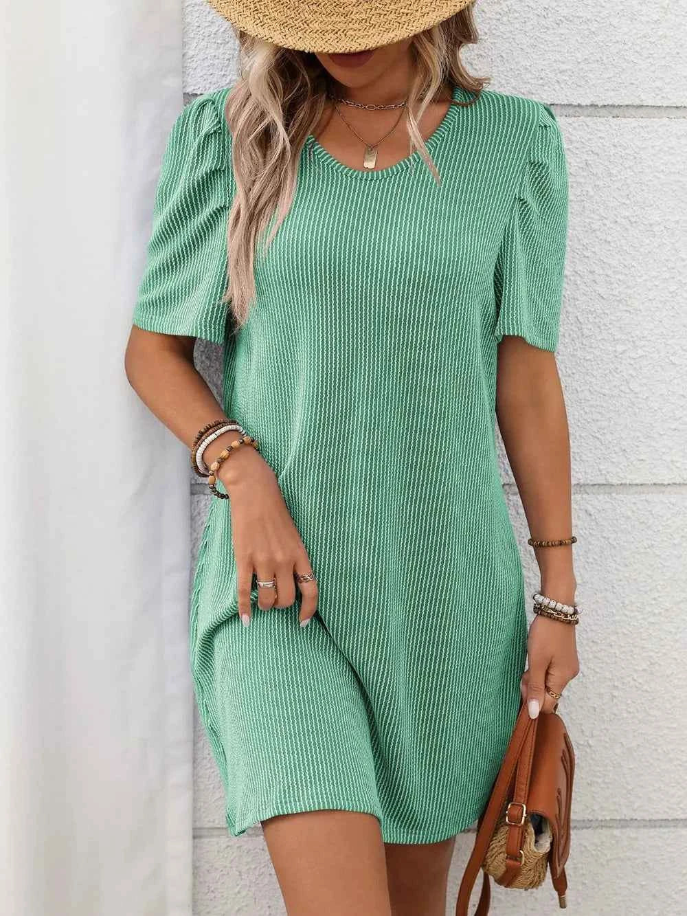 Textured Mini Dress - Round Neck Short Sleeve Design