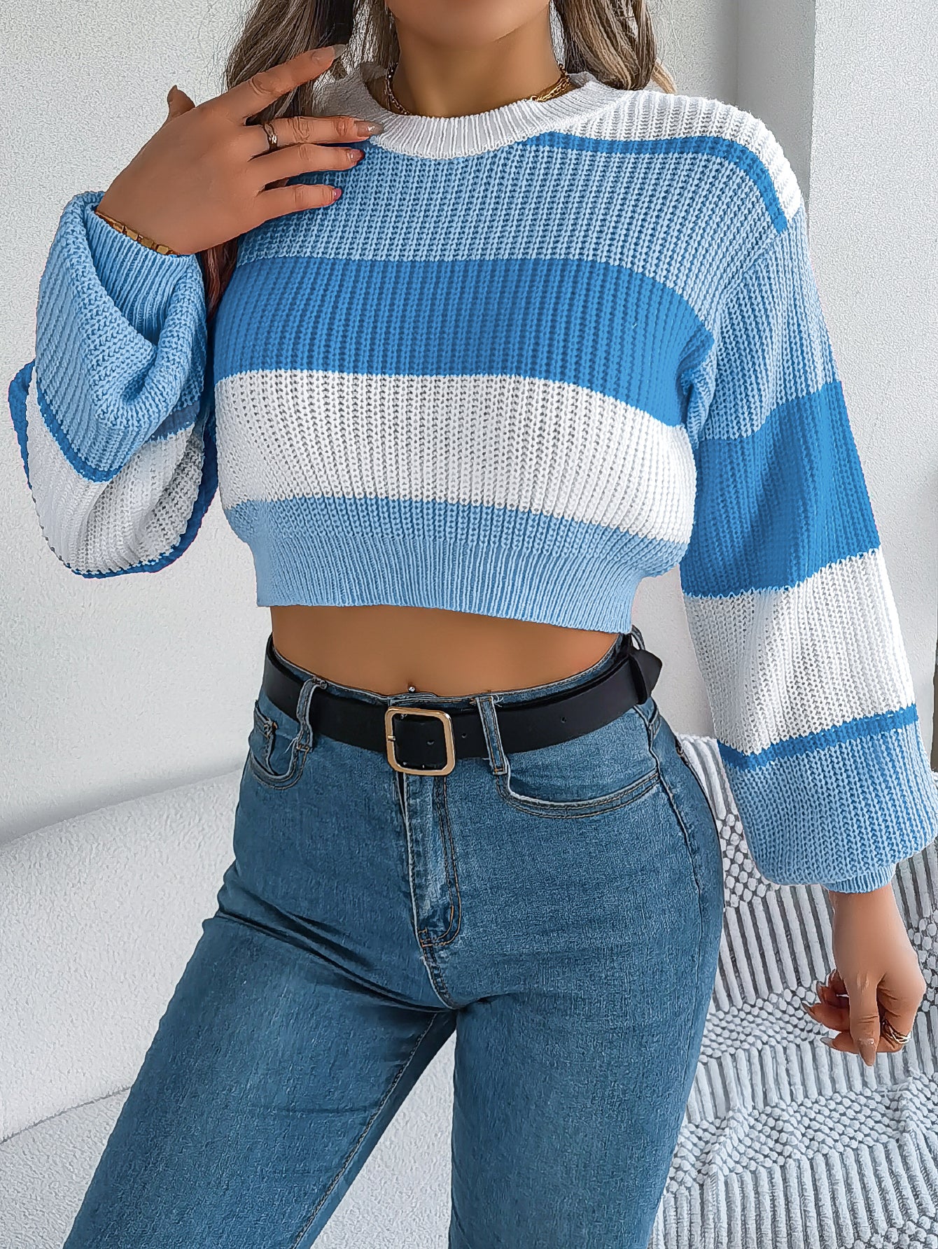 Suéter tipo jersey corto de manga farol con bloques de color informal para mujer