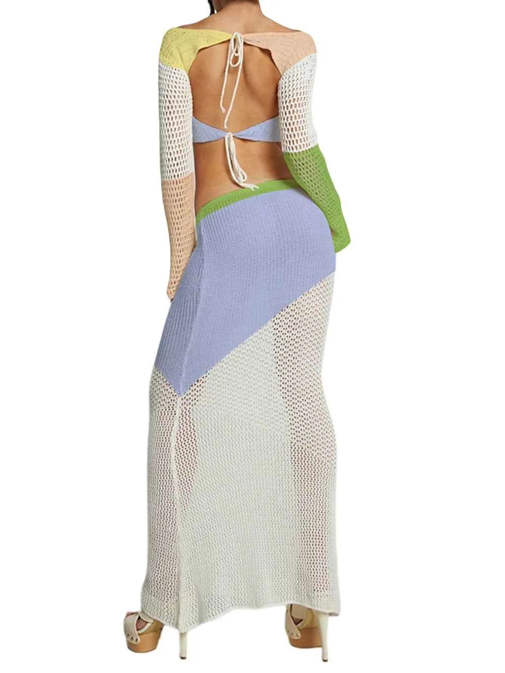 Tied Long Sleeve Cover Up Set with Skirt
