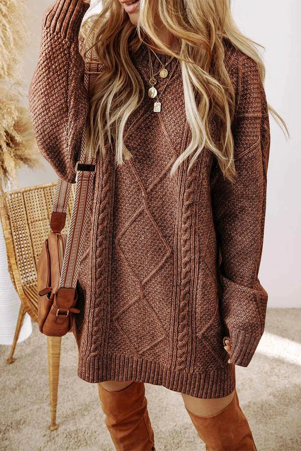 Cable-Knit Sweater Dress with Round Neck