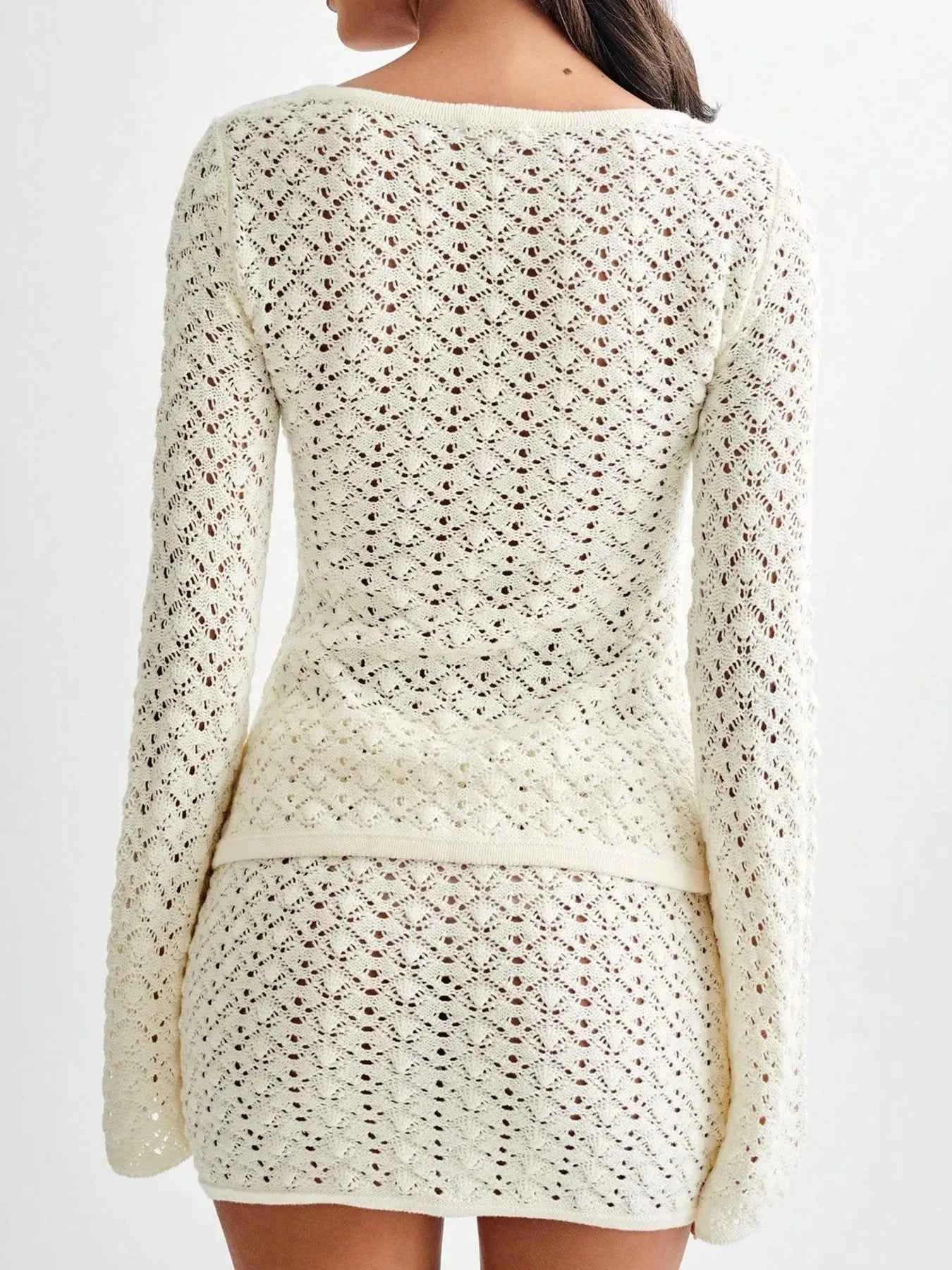 Button Up Crochet Cardigan Set with Skirt Sweater