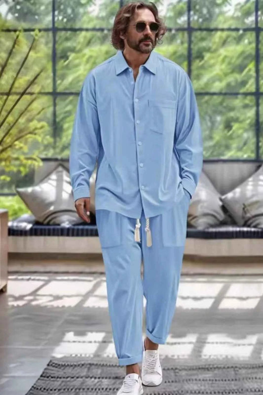 Men's Plus Size Loungewear Set - Long Sleeve Top and Pants with Collared Neck