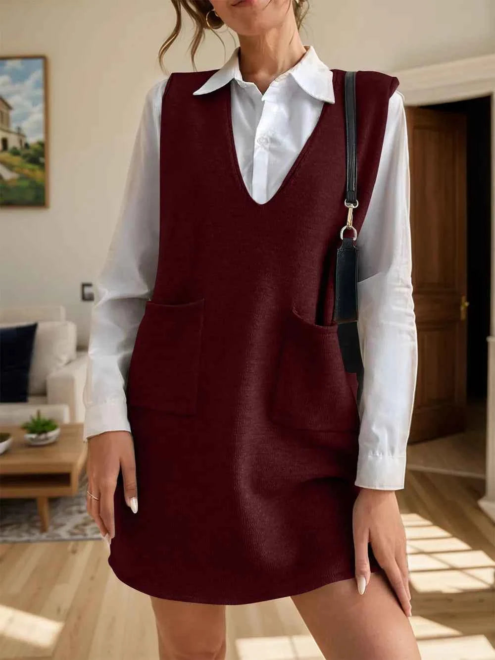 V-Neck Sleeveless Sweater Dress with Pockets for Effortless Style