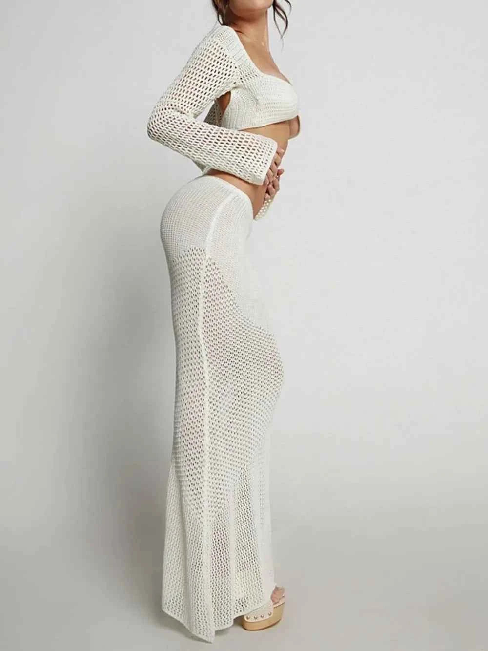 Tied Long Sleeve Cover Up Set with Skirt