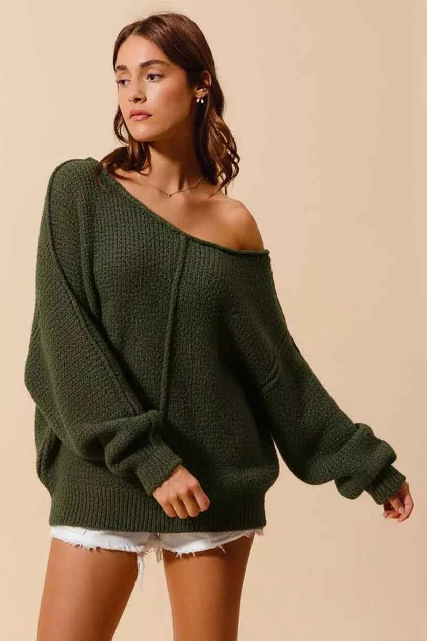 SO ME Loose Fit Boucle Sweater with Exposed Seams - Slouchy Style