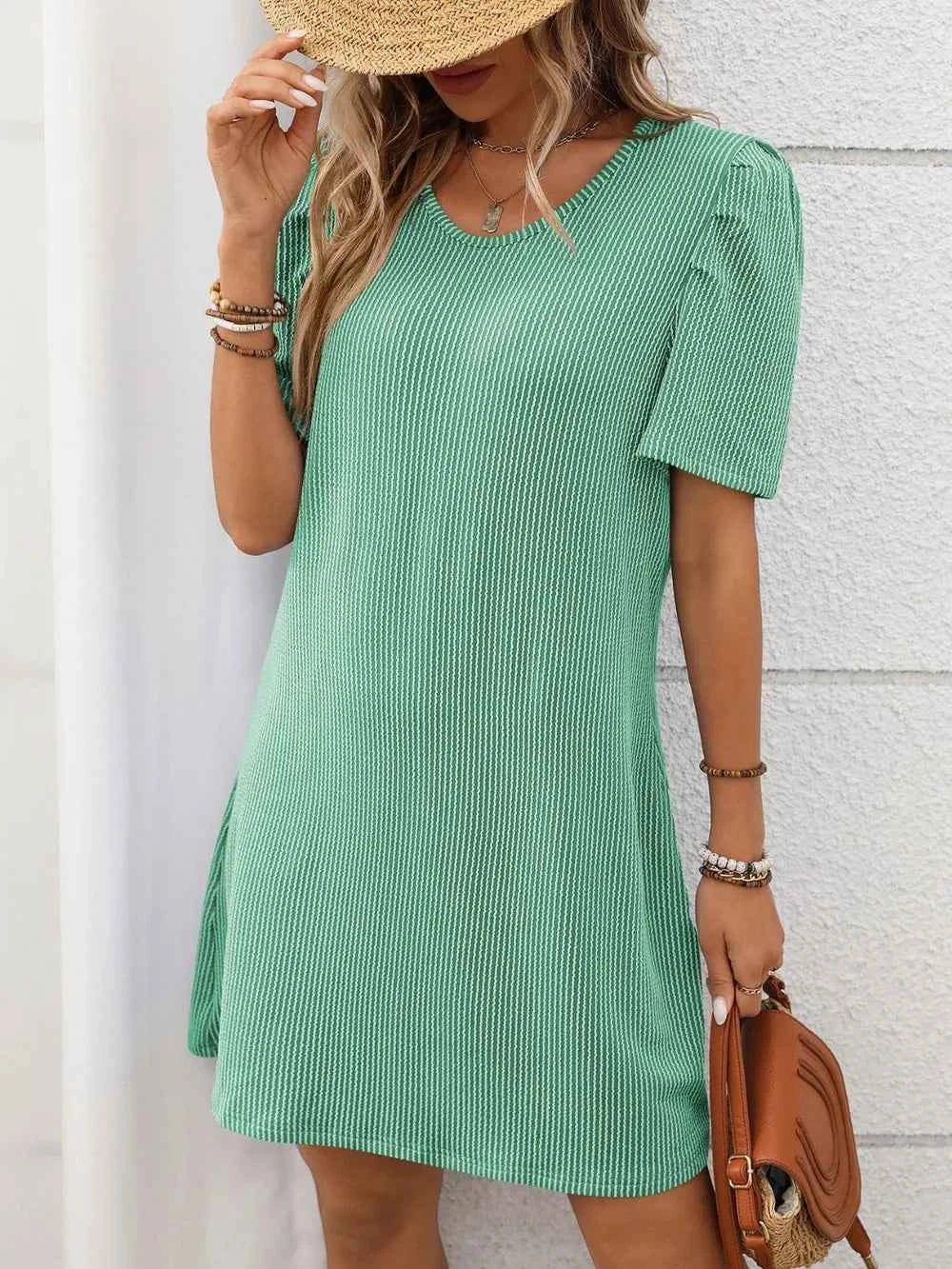 Textured Mini Dress - Round Neck Short Sleeve Design