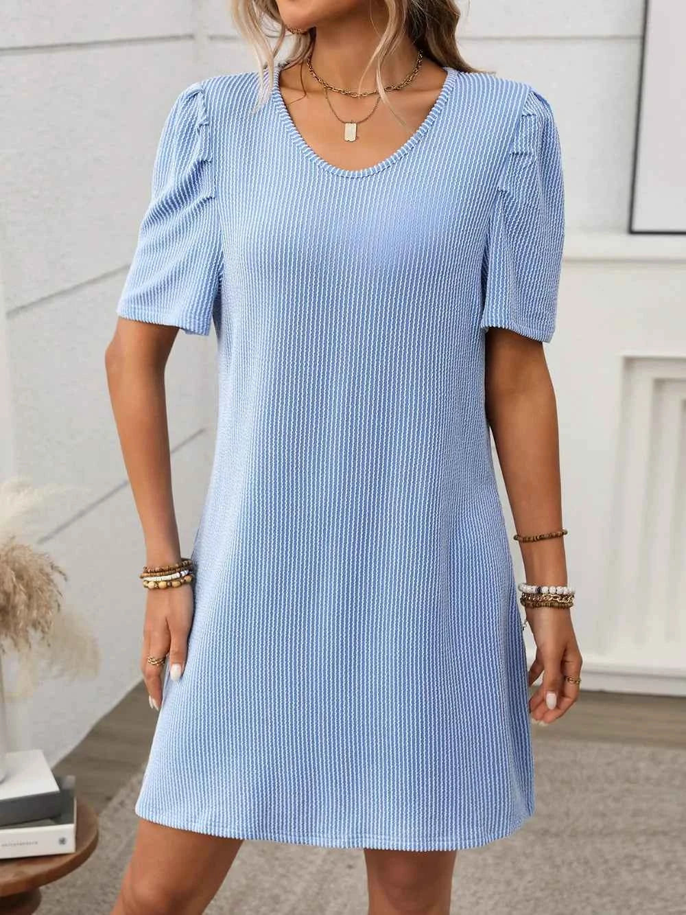 Textured Mini Dress - Round Neck Short Sleeve Design