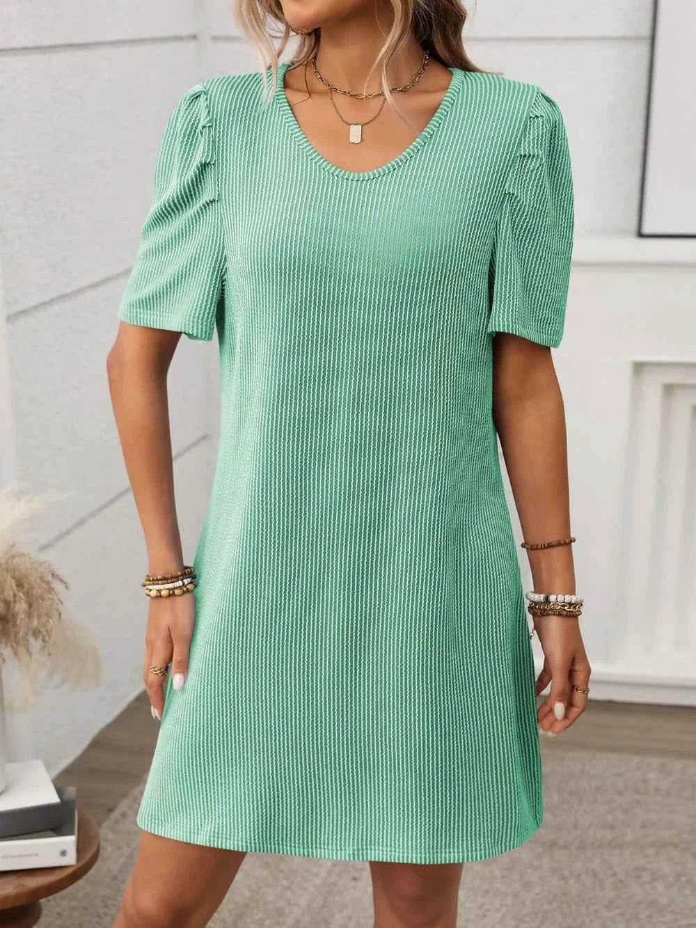 Textured Mini Dress - Round Neck Short Sleeve Design