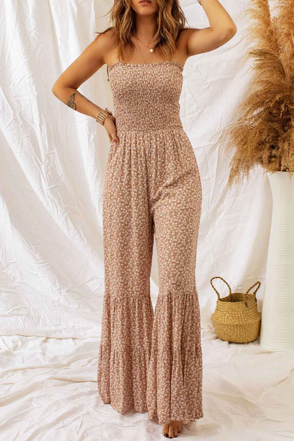 Floral Spaghetti Strap Jumpsuit with Smocked Design and Wide Legs
