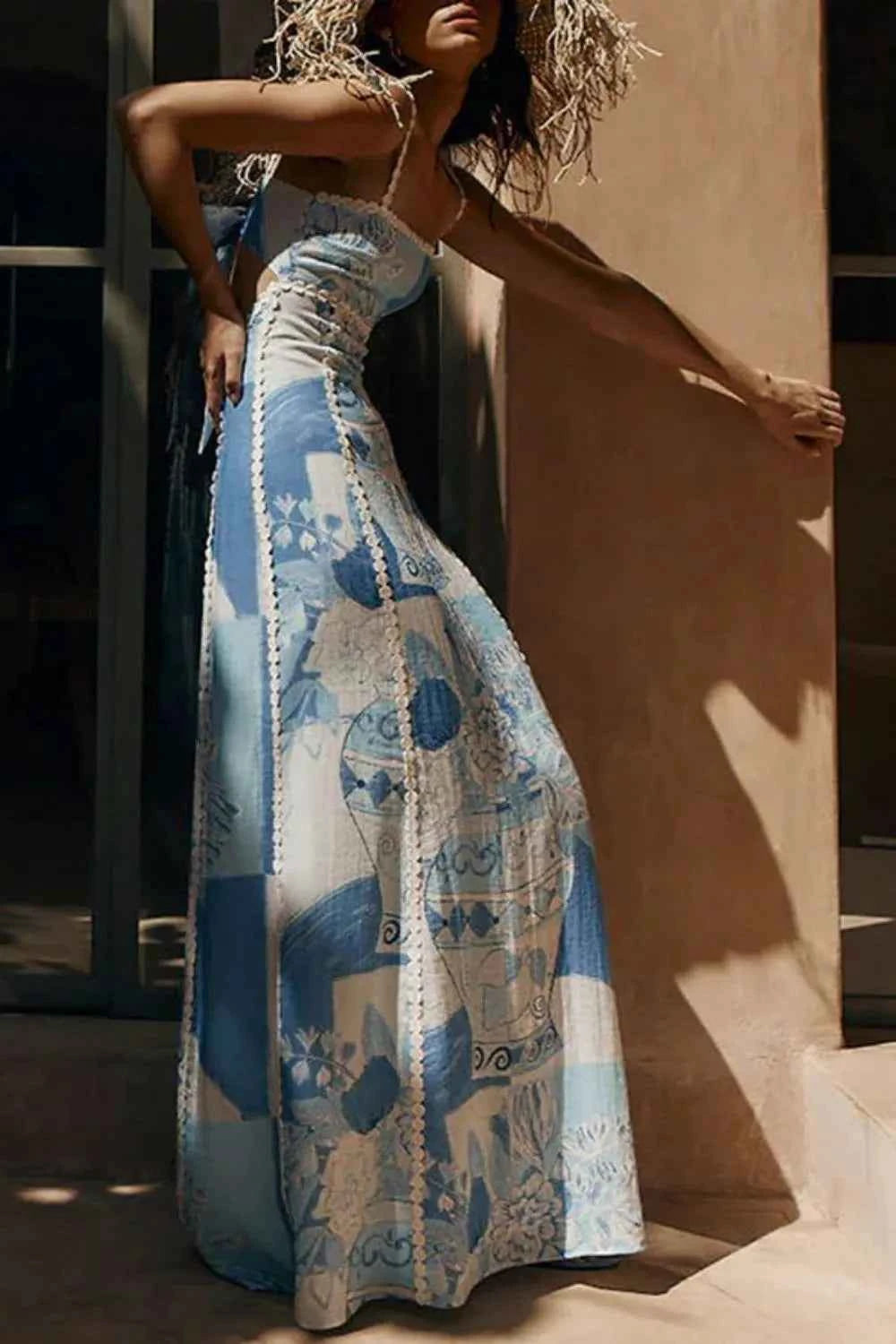 Cutout Back Maxi Dress with Printed Design and Square Neck