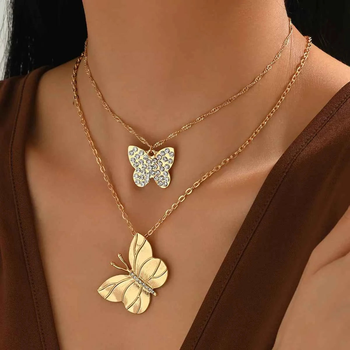 2 Piece 18K Gold-Plated Rhinestone Butterfly Necklace