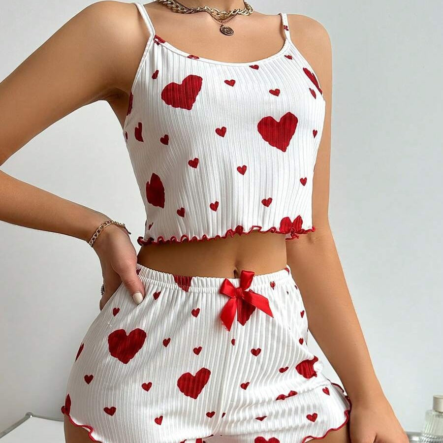 Heart Print Suspender Shorts Pajama Set – Ribbed Lounge & Sleepwear