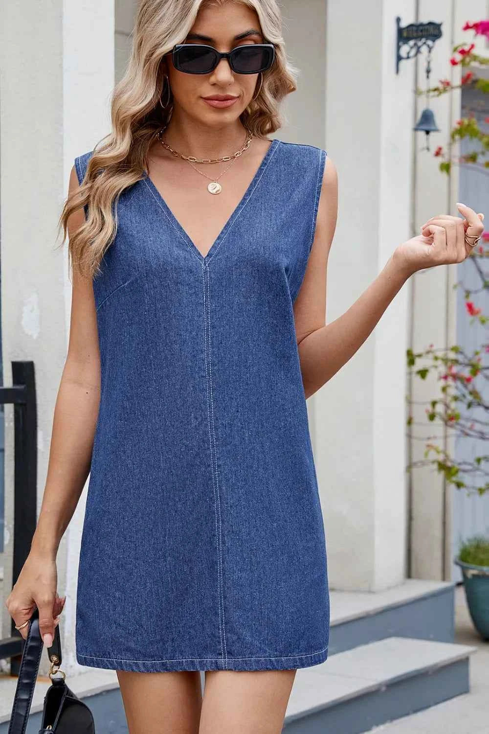 V-Neck Sleeveless Denim Dress