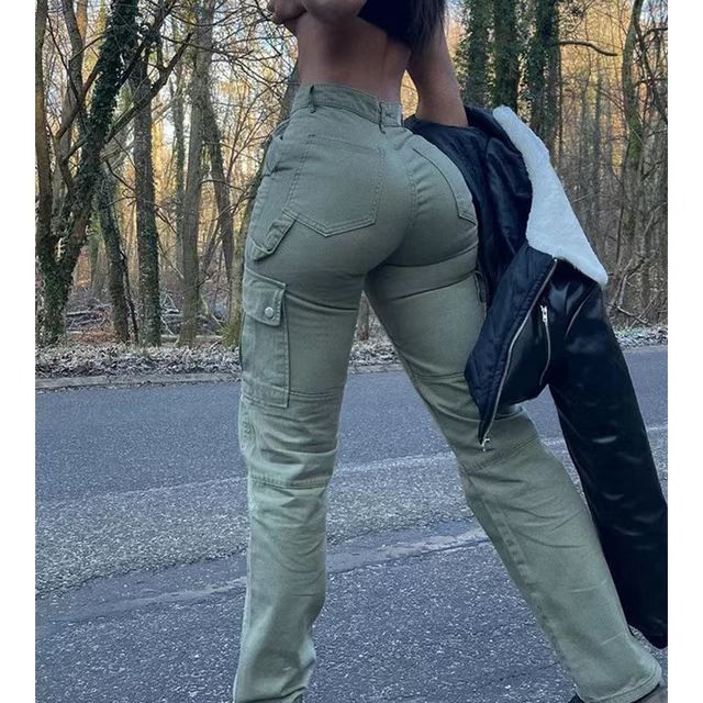 Pantalones de mujer de alta calidad, estilo europeo y americano, de cintura alta, multipocket, tipo cargo, elásticos, modernos, de tendencia urbana.