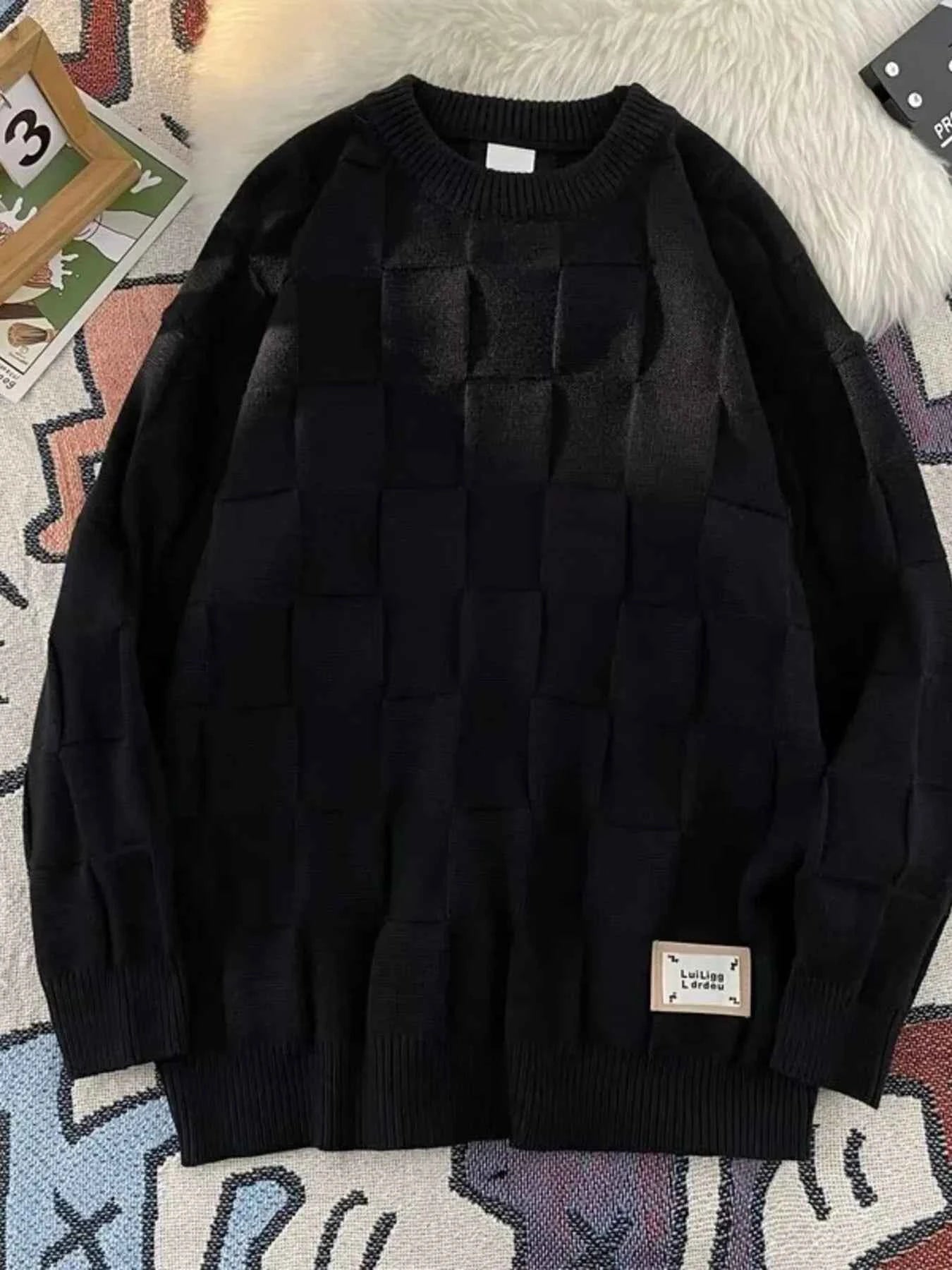 Textured Grid Pattern L;ong Sleeve Sweater