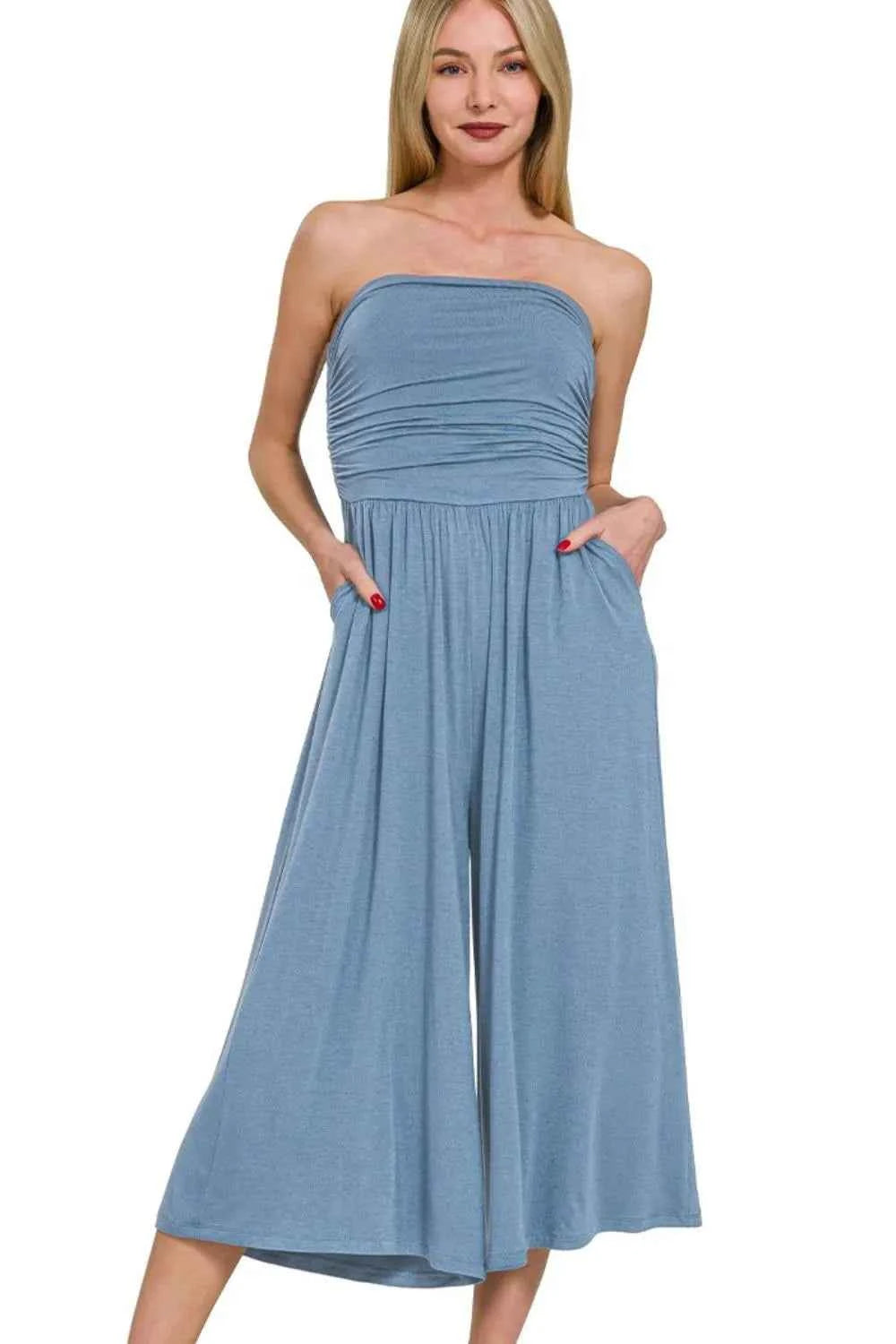 Zenana Strapless Jumpsuit - Double Layered Tube Top Design