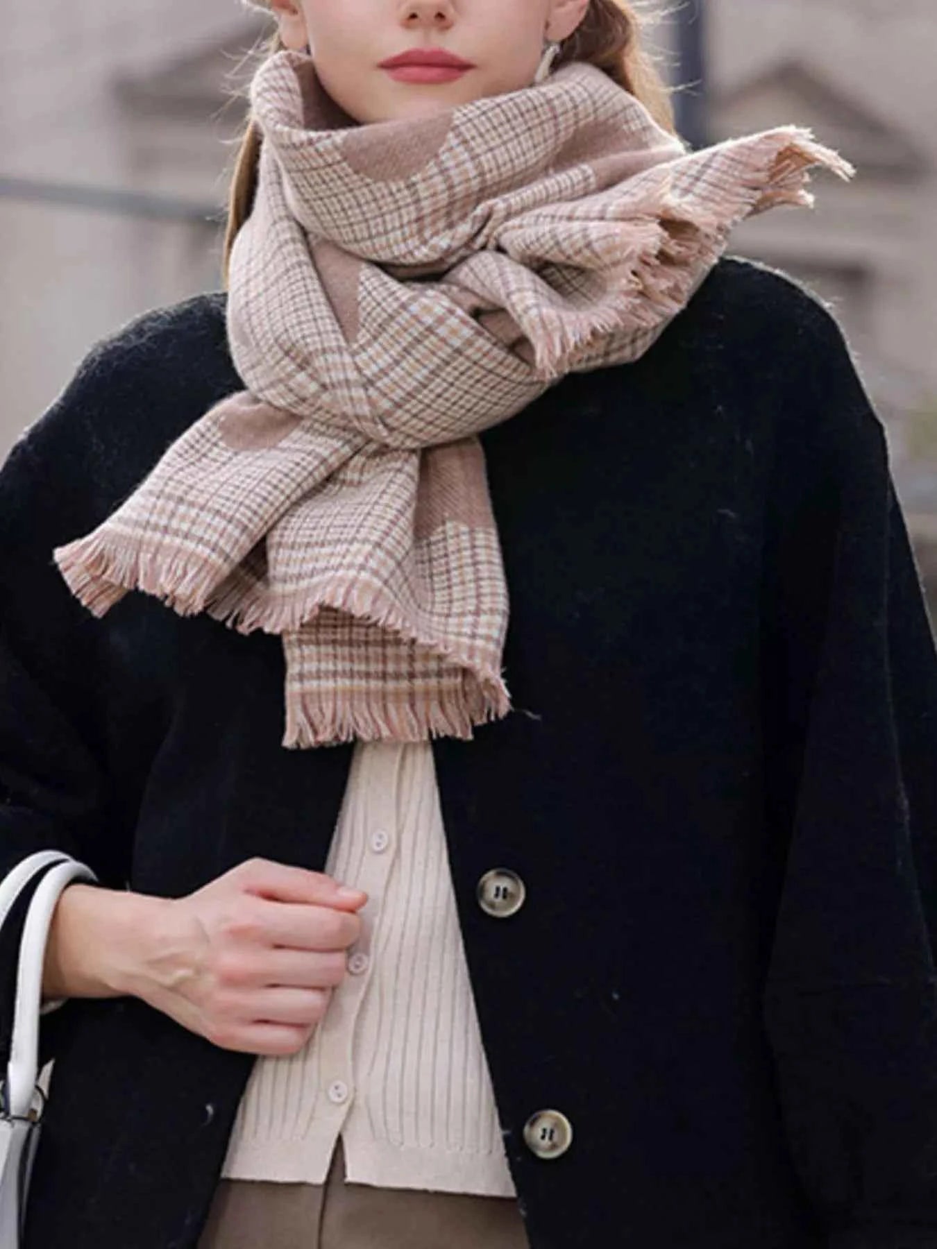 Heart Pattern Plaid Raw Hem Scarf