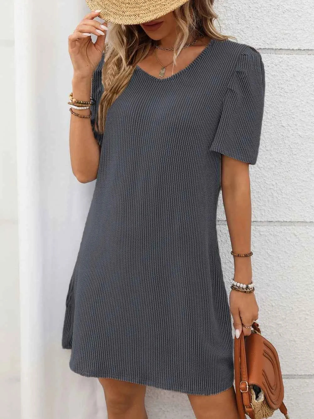 Textured Mini Dress - Round Neck Short Sleeve Design