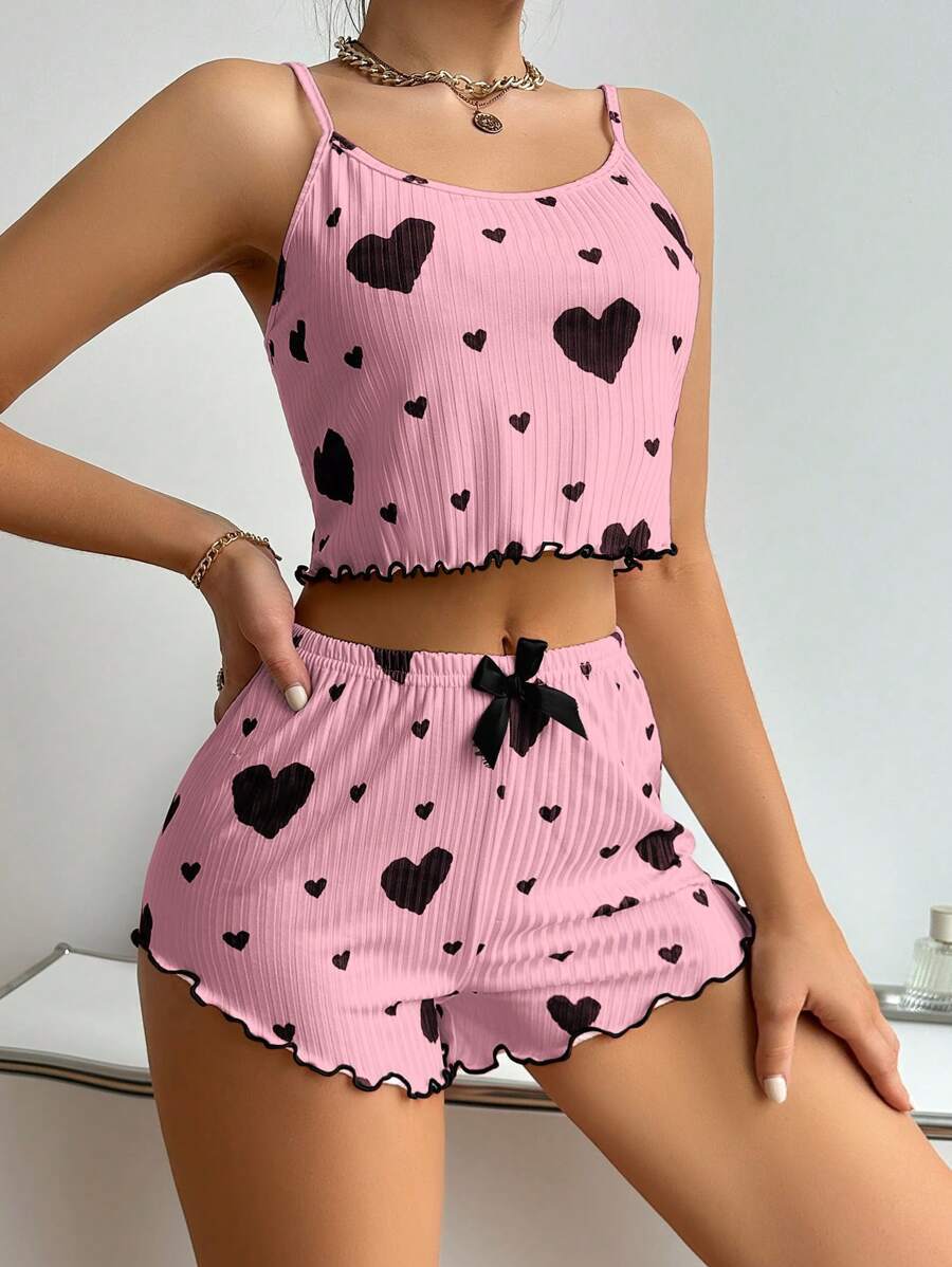 Heart Print Suspender Shorts Pajama Set – Ribbed Lounge & Sleepwear