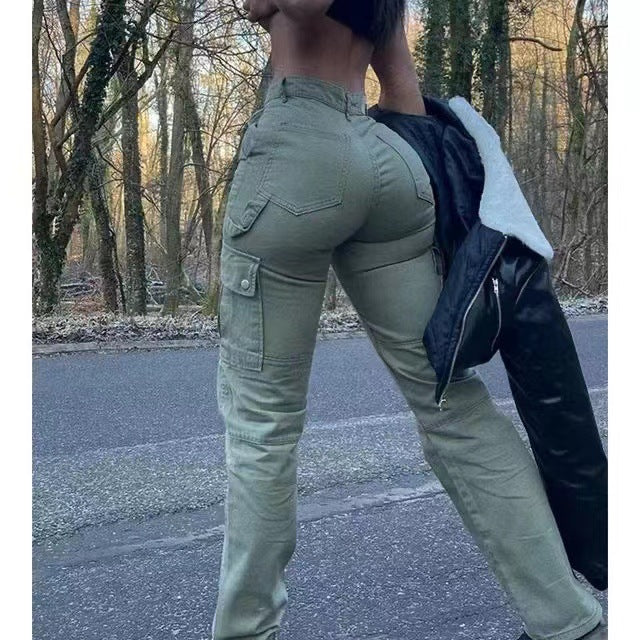 Pantalones de mujer de alta calidad, estilo europeo y americano, de cintura alta, multipocket, tipo cargo, elásticos, modernos, de tendencia urbana.