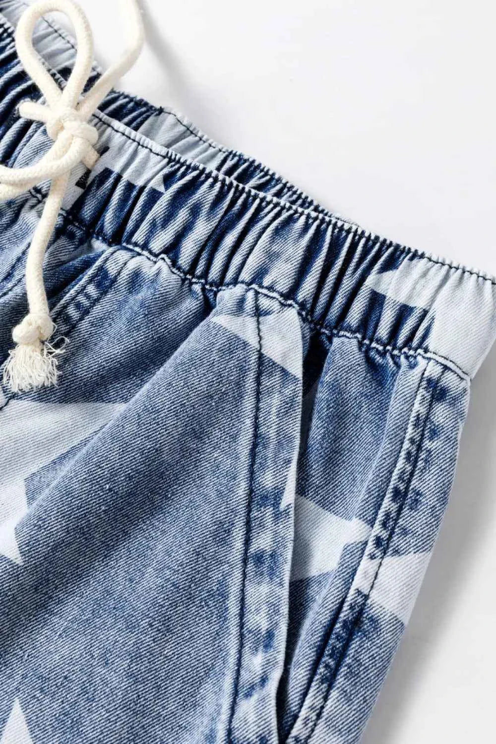 Star Print Wide Leg Jeans with Washed Finish and Drawstring High Waist - Trendy and Comfortable Style