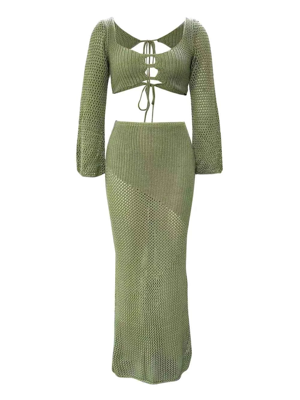 Tied Long Sleeve Cover Up Set with Skirt