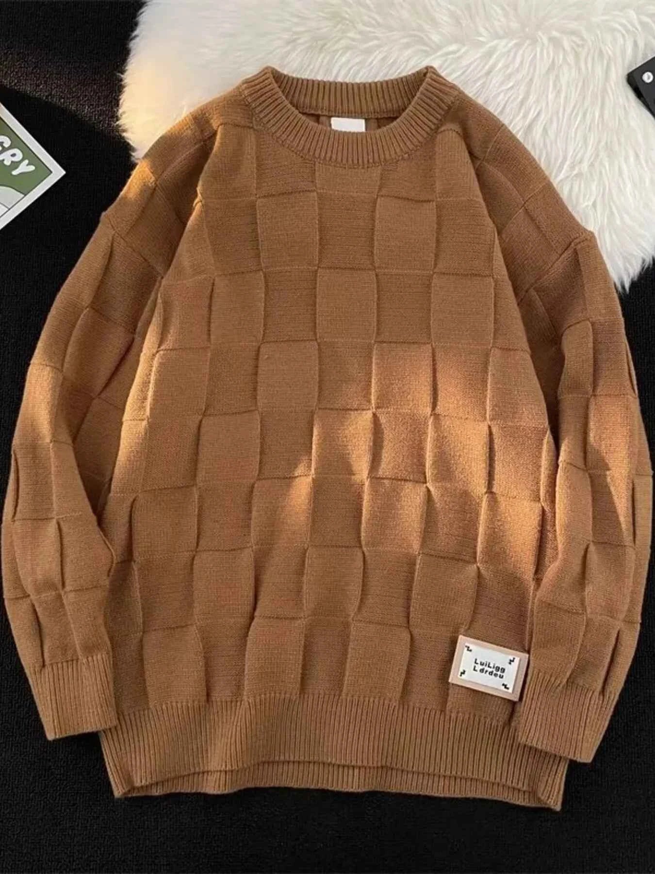 Textured Grid Pattern L;ong Sleeve Sweater