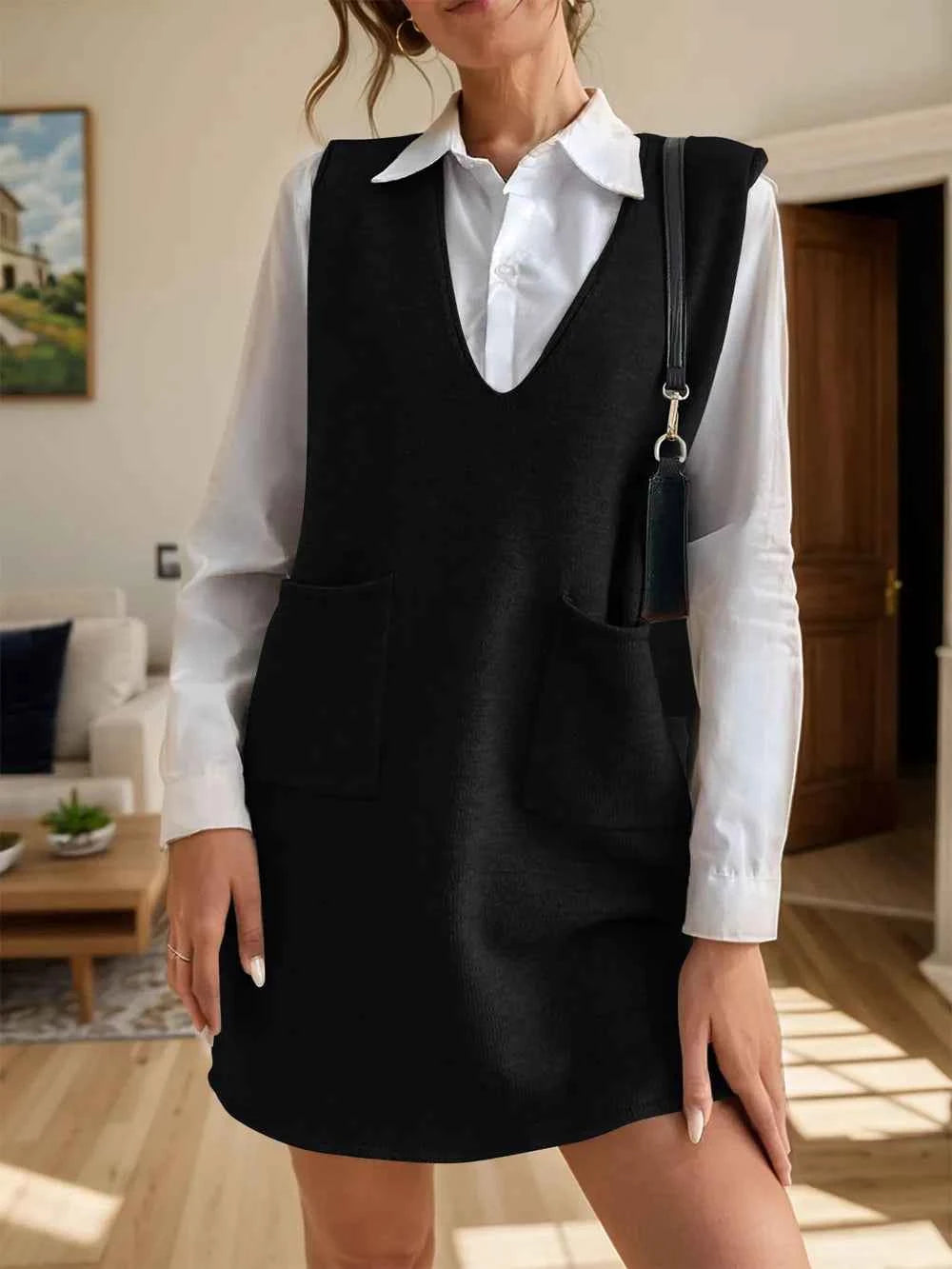 V-Neck Sleeveless Sweater Dress with Pockets for Effortless Style