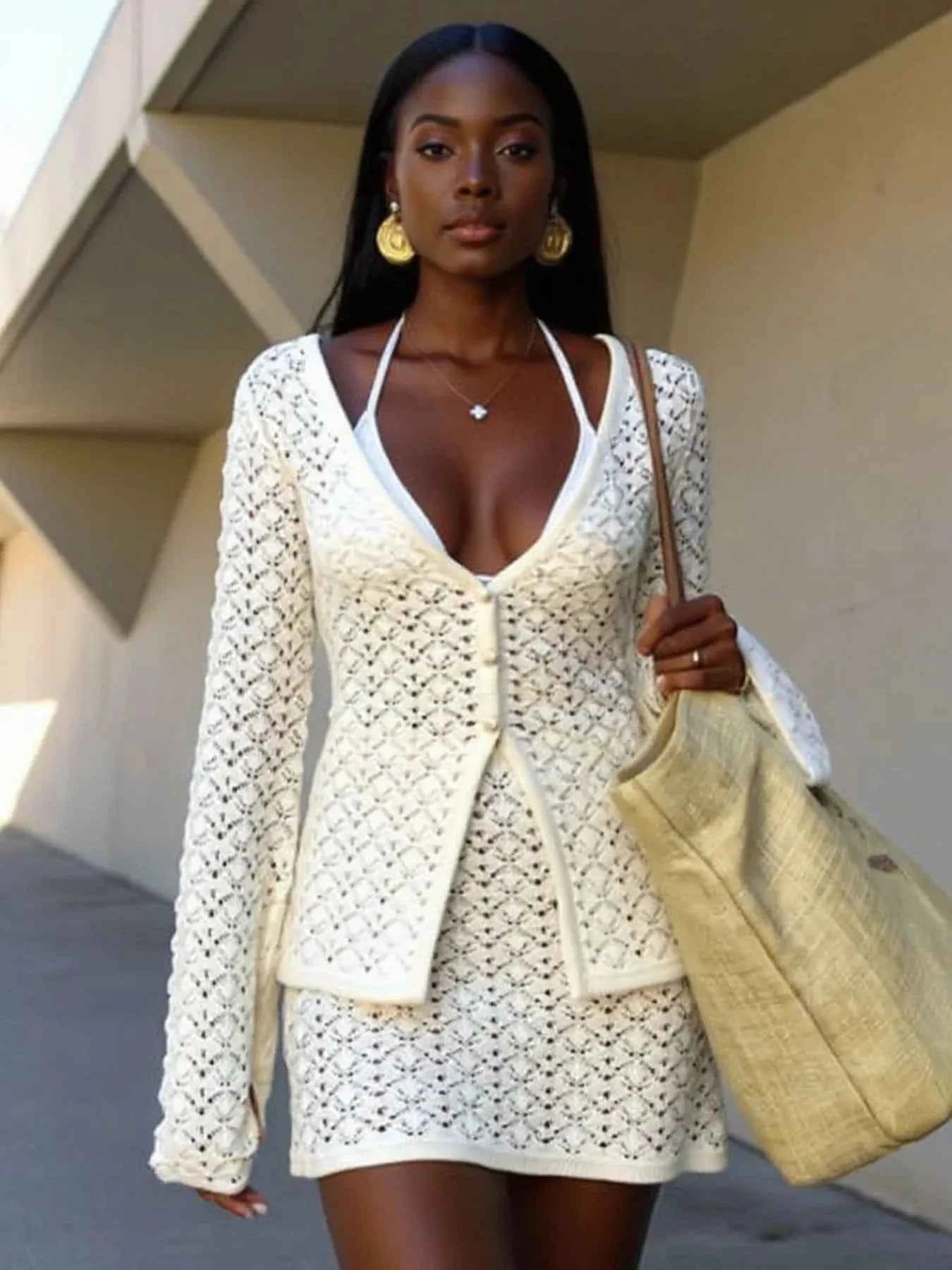 Button Up Crochet Cardigan Set with Skirt Sweater
