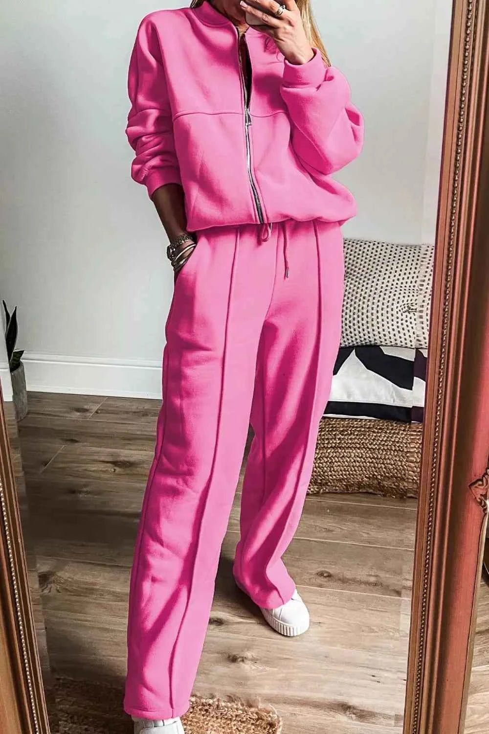 Zip Up Loungewear Set: Long Sleeve Top and Pants Combo