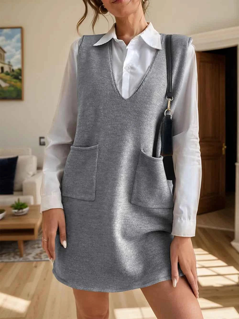 V-Neck Sleeveless Sweater Dress with Pockets for Effortless Style